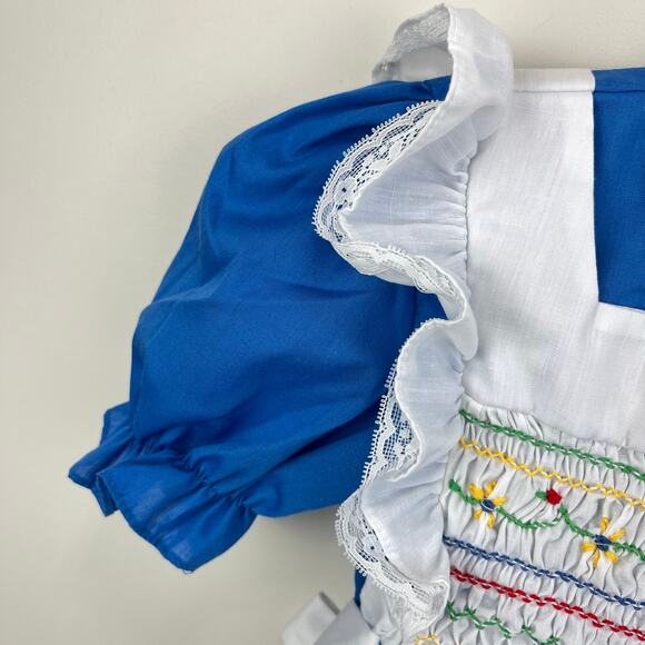 Vintage Hand Smocked by Carousel Blue Pinafore Ruffle Dress 6 - Picture 3 of 10